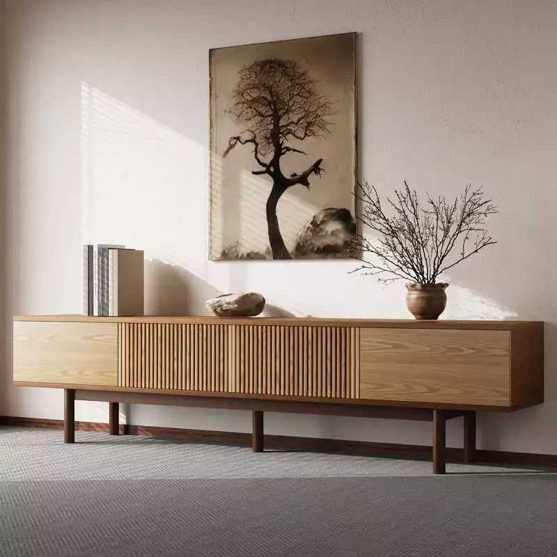 Luck Live Mid-Century Modern 86.6 Solid Wood TV Stand, Media Console with Storage Space, Natural Color