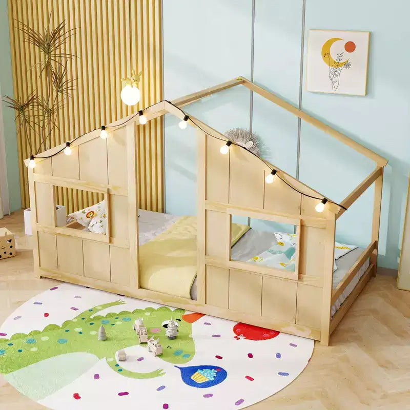 Twin Size House Floor Bed with LED Lights Solid Wood Bed Frame without Slats Gray/Natural/White
