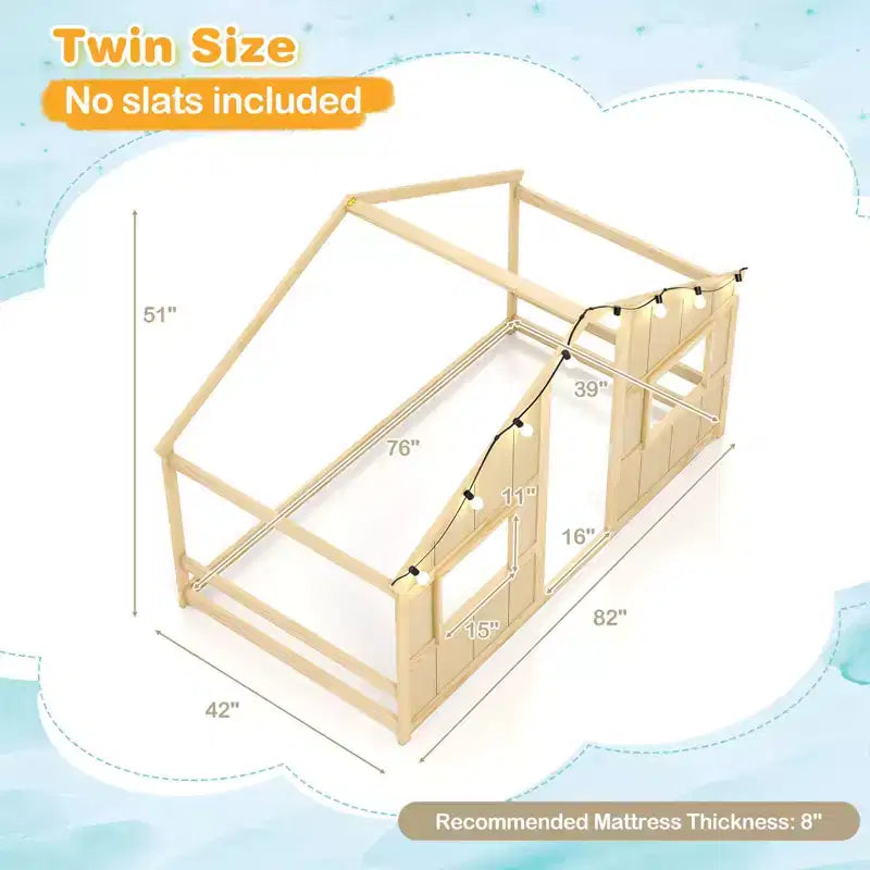 Twin Size House Floor Bed with LED Lights Solid Wood Bed Frame without Slats Gray/Natural/White