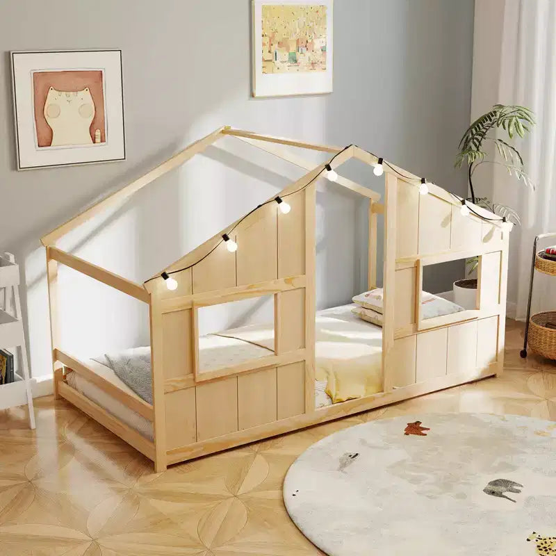 Twin Size House Floor Bed with LED Lights Solid Wood Bed Frame without Slats Gray/Natural/White