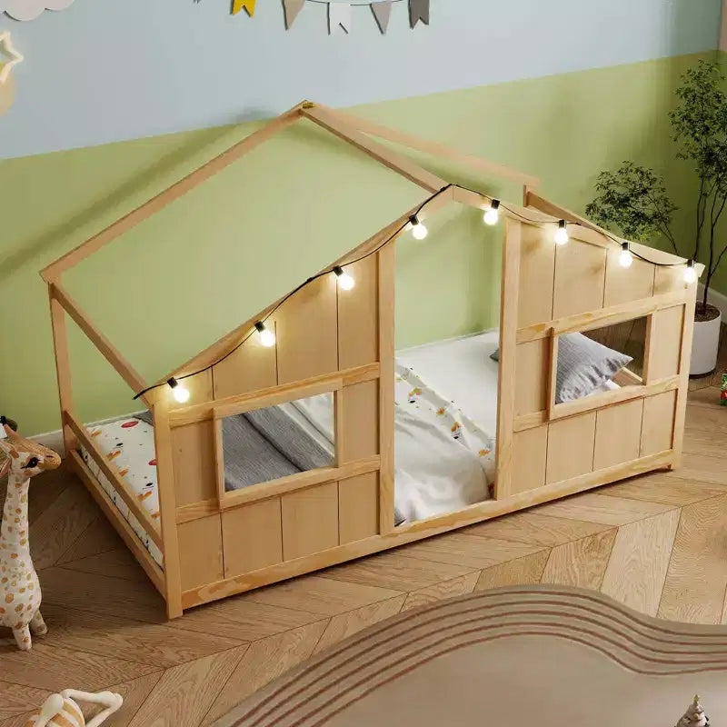 Twin Size House Floor Bed with LED Lights Solid Wood Bed Frame without Slats Gray/Natural/White