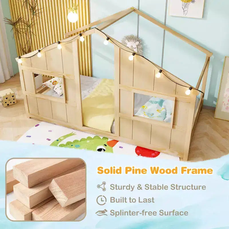 Twin Size House Floor Bed with LED Lights Solid Wood Bed Frame without Slats Gray/Natural/White
