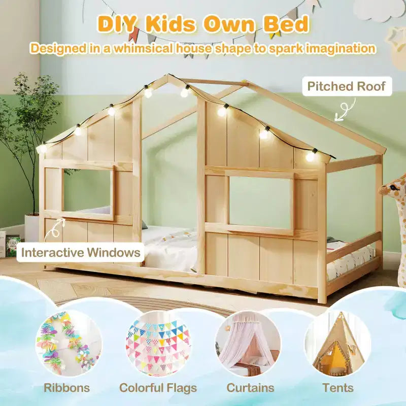Twin Size House Floor Bed with LED Lights Solid Wood Bed Frame without Slats Gray/Natural/White