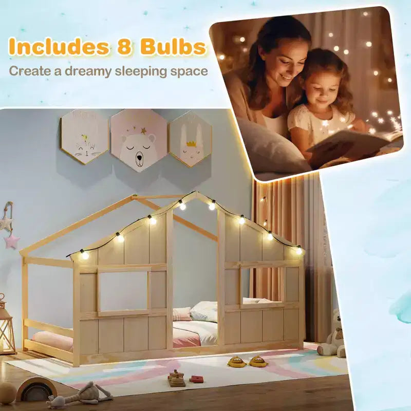 Twin Size House Floor Bed with LED Lights Solid Wood Bed Frame without Slats Gray/Natural/White