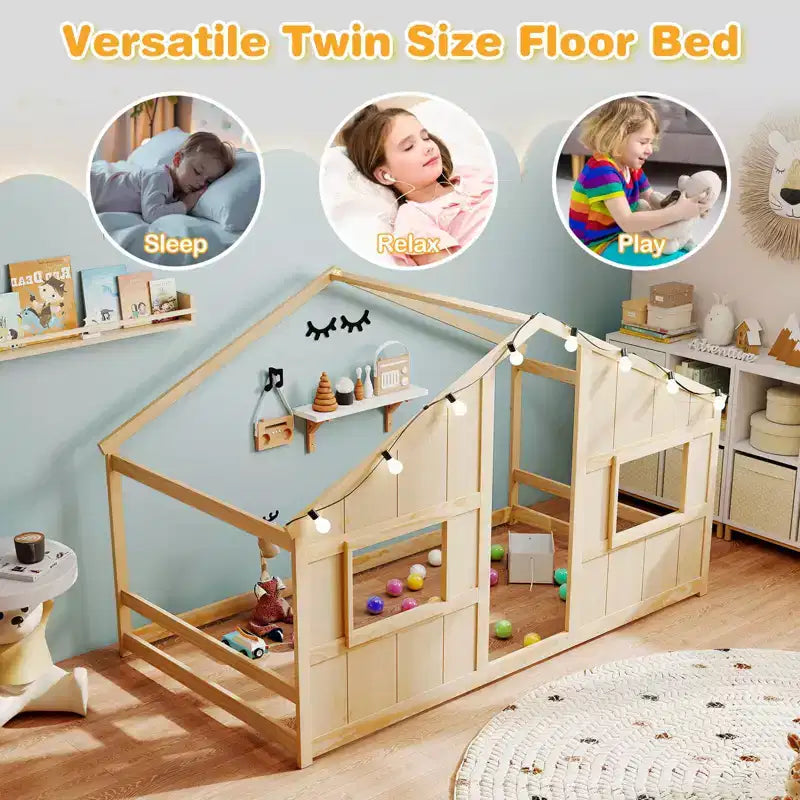 Twin Size House Floor Bed with LED Lights Solid Wood Bed Frame without Slats Gray/Natural/White