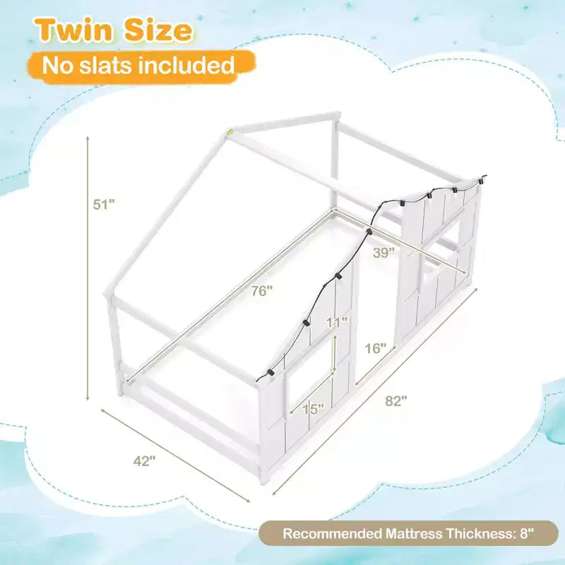Twin Size House Floor Bed with LED Lights Solid Wood Bed Frame without Slats Gray/Natural/White