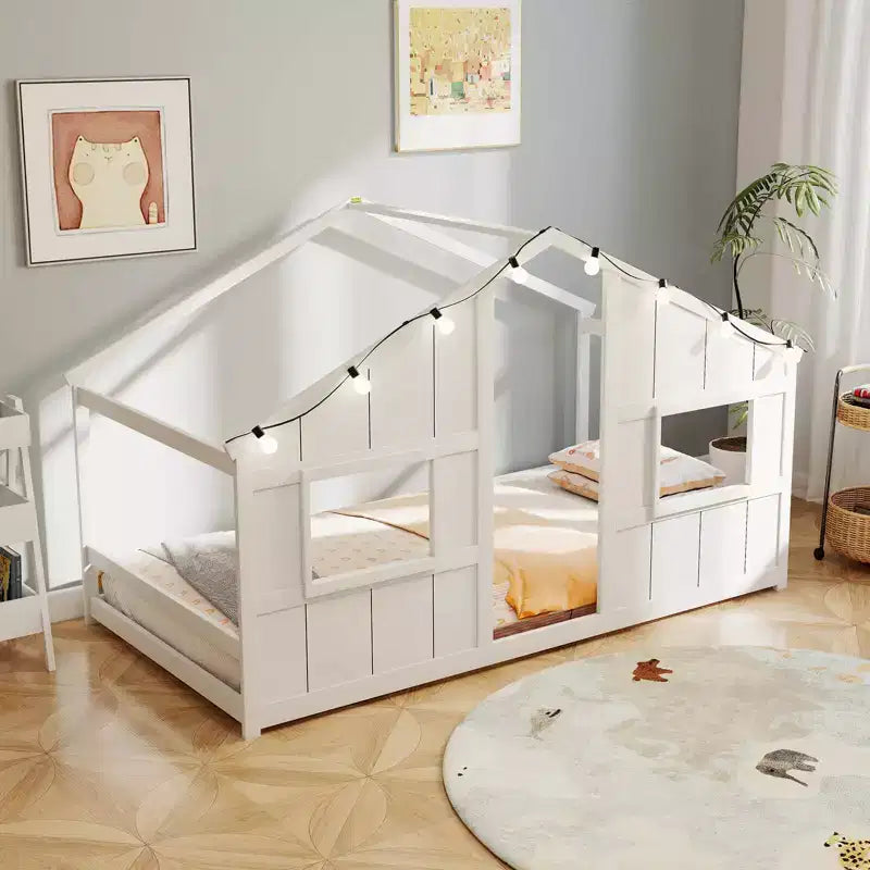 Twin Size House Floor Bed with LED Lights Solid Wood Bed Frame without Slats Gray/Natural/White
