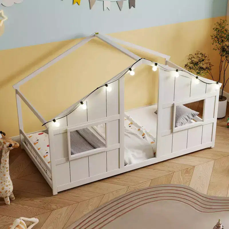 Twin Size House Floor Bed with LED Lights Solid Wood Bed Frame without Slats Gray/Natural/White
