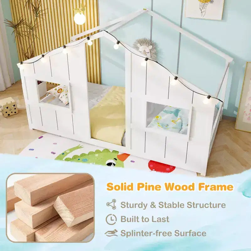 Twin Size House Floor Bed with LED Lights Solid Wood Bed Frame without Slats Gray/Natural/White