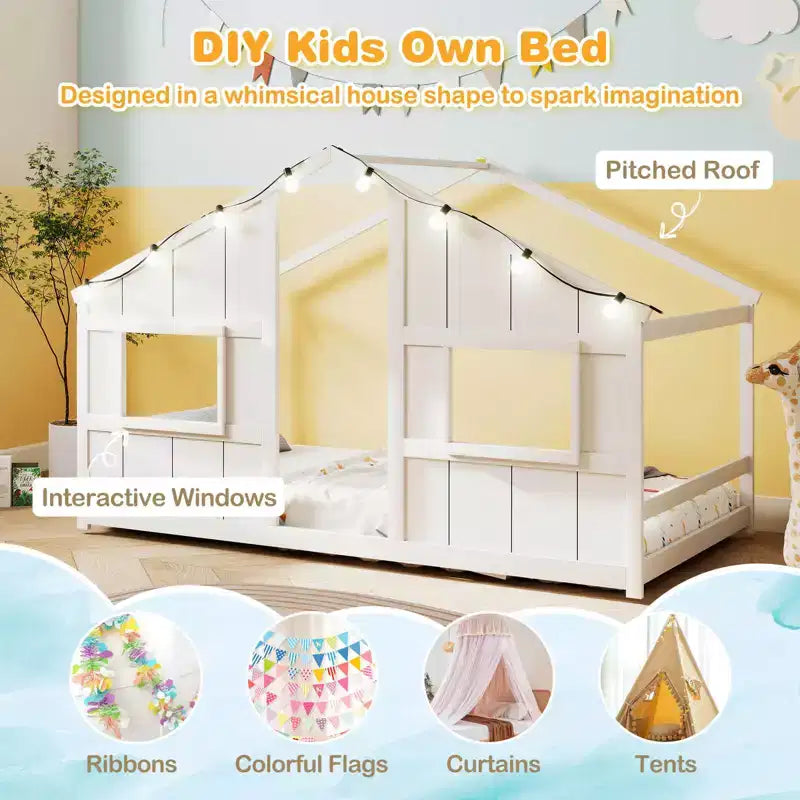 Twin Size House Floor Bed with LED Lights Solid Wood Bed Frame without Slats Gray/Natural/White