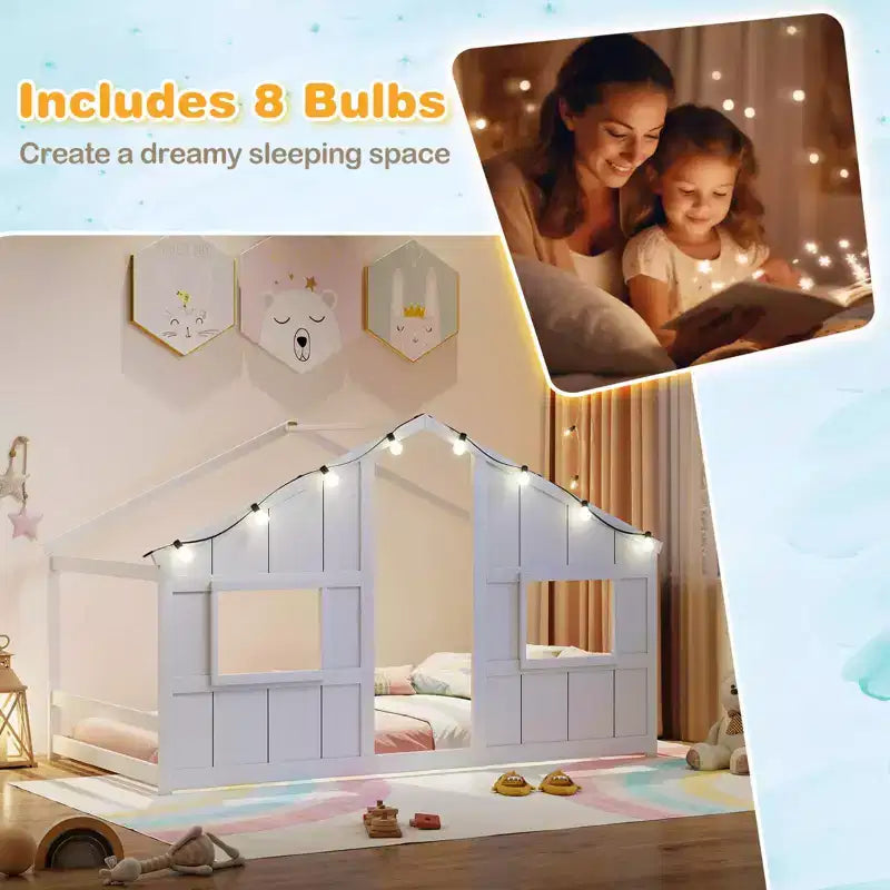 Twin Size House Floor Bed with LED Lights Solid Wood Bed Frame without Slats Gray/Natural/White