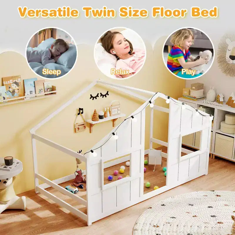 Twin Size House Floor Bed with LED Lights Solid Wood Bed Frame without Slats Gray/Natural/White