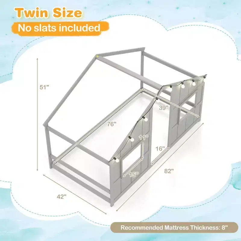 Twin Size House Floor Bed with LED Lights Solid Wood Bed Frame without Slats Gray/Natural/White