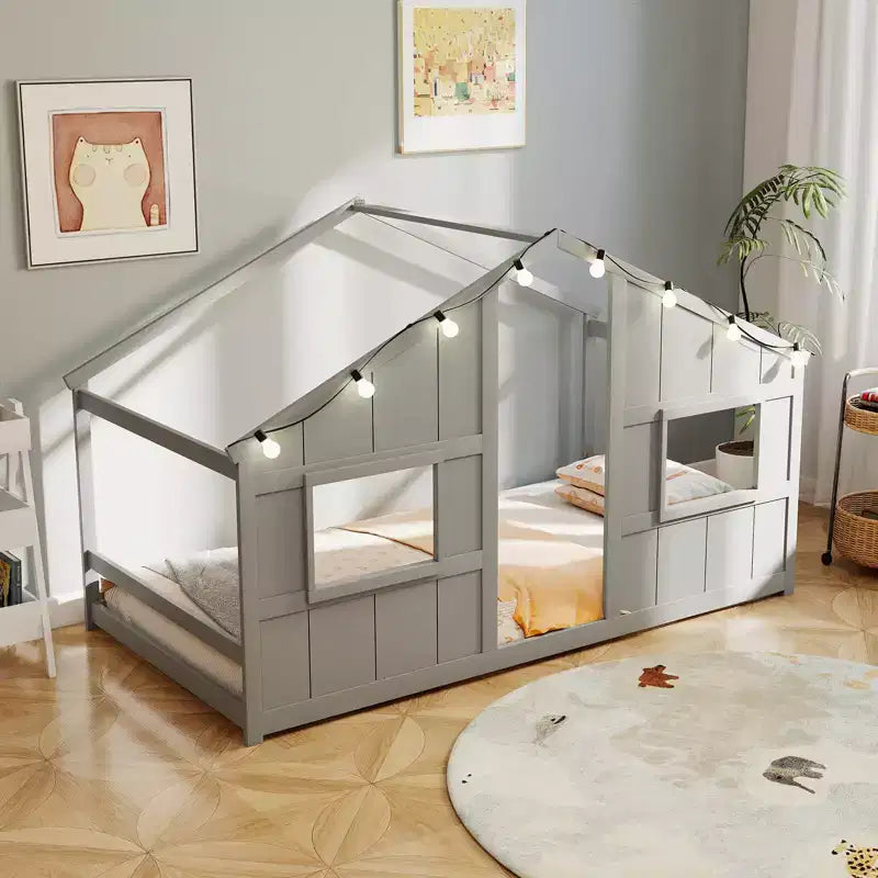 Twin Size House Floor Bed with LED Lights Solid Wood Bed Frame without Slats Gray/Natural/White