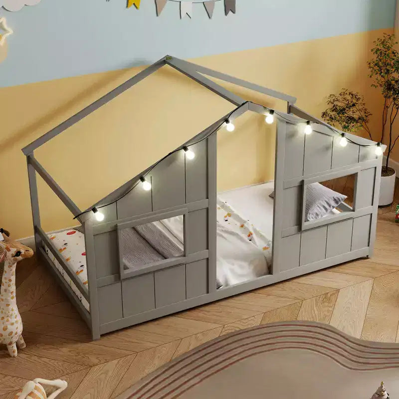 Twin Size House Floor Bed with LED Lights Solid Wood Bed Frame without Slats Gray/Natural/White