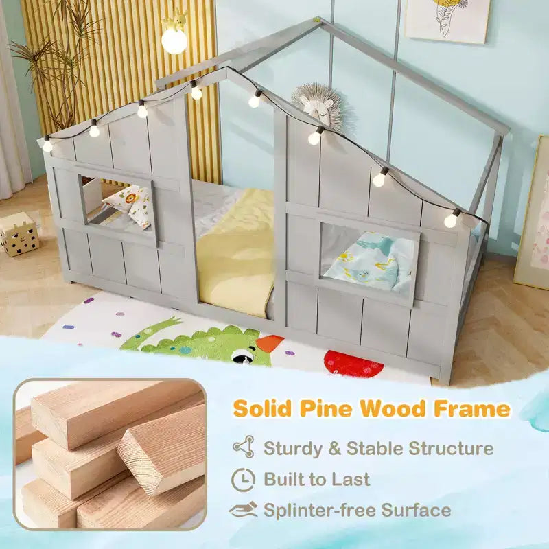 Twin Size House Floor Bed with LED Lights Solid Wood Bed Frame without Slats Gray/Natural/White