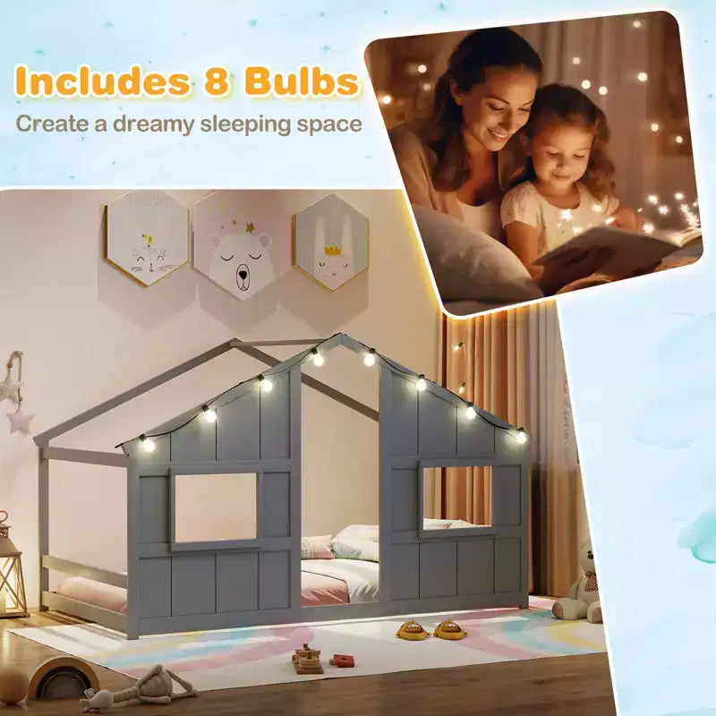 Twin Size House Floor Bed with LED Lights Solid Wood Bed Frame without Slats Gray/Natural/White