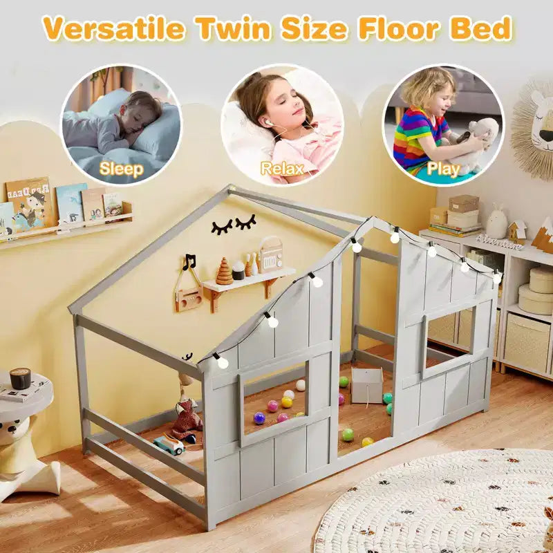 Twin Size House Floor Bed with LED Lights Solid Wood Bed Frame without Slats Gray/Natural/White
