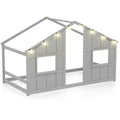 Costway Twin Size House Floor Bed with LED Lights Solid Wood Bed Frame without Slats Gray/Natural/White