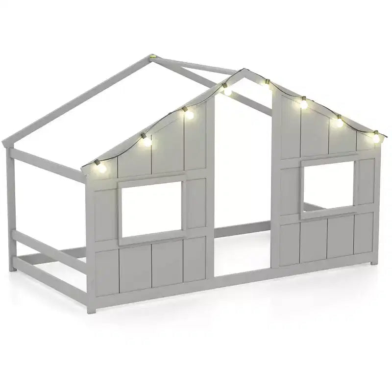 Costway Twin Size House Floor Bed with LED Lights Solid Wood Bed Frame without Slats Gray/Natural/White