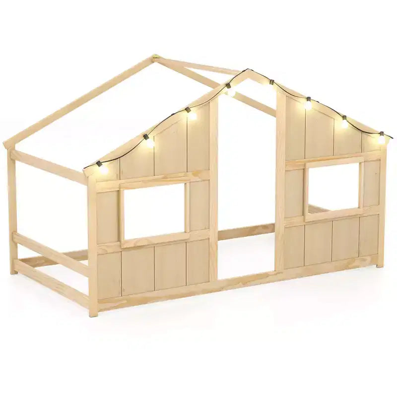 Twin Size House Floor Bed with LED Lights Solid Wood Bed Frame without Slats Gray/Natural/White