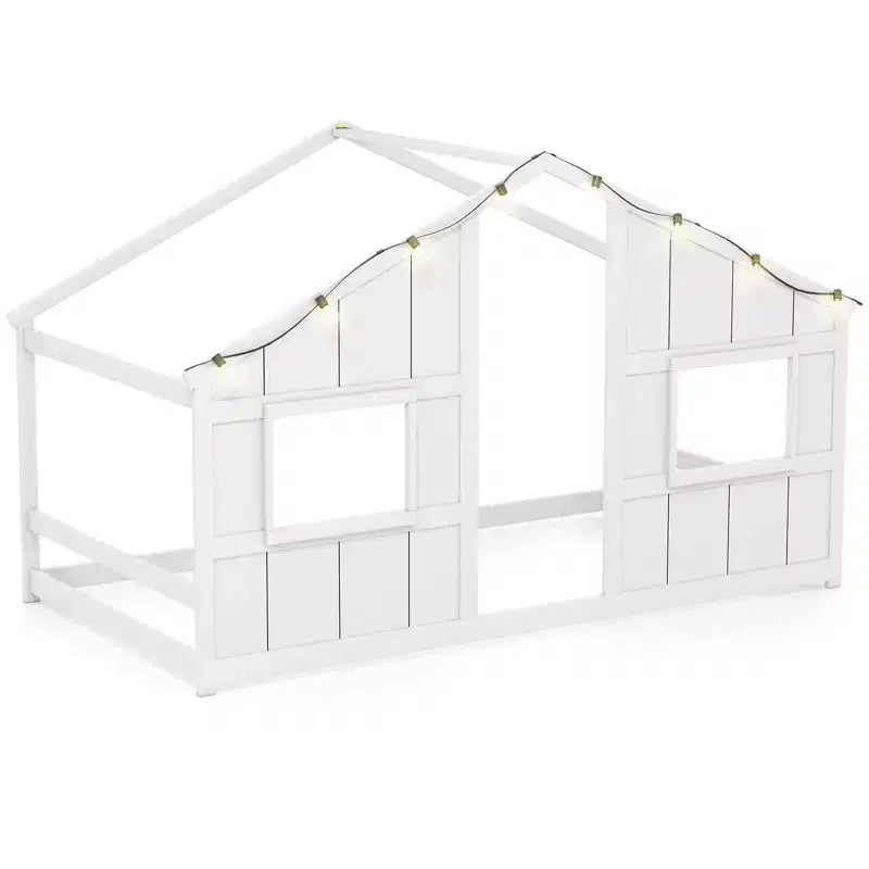 Twin Size House Floor Bed with LED Lights Solid Wood Bed Frame without Slats Gray/Natural/White