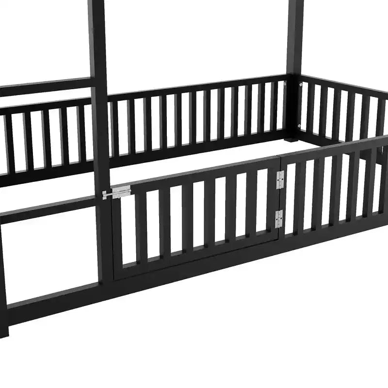 Metal Twin House Bunk Bed for Kids, Twin over Twin Floor Bunk Bed with Fence, Door & Guardrails