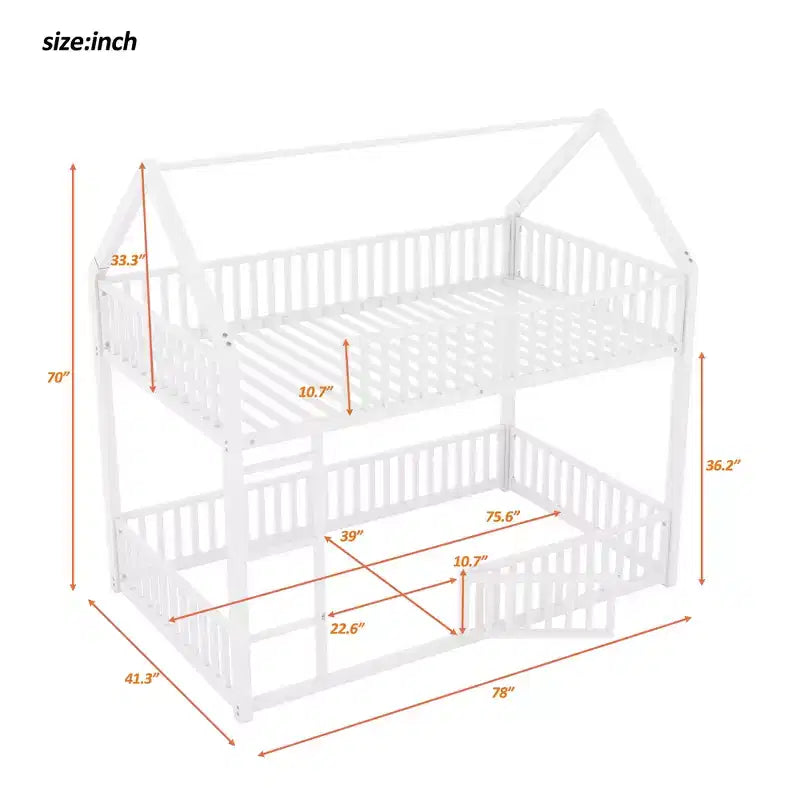 Metal Twin House Bunk Bed for Kids, Twin over Twin Floor Bunk Bed with Fence, Door & Guardrails