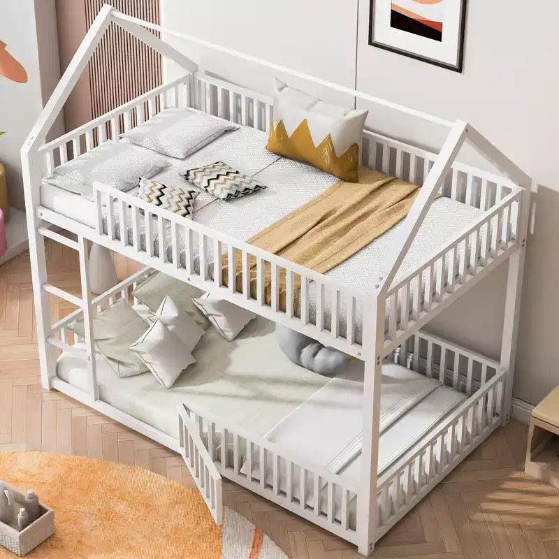 Metal Twin House Bunk Bed for Kids, Twin over Twin Floor Bunk Bed with Fence, Door & Guardrails