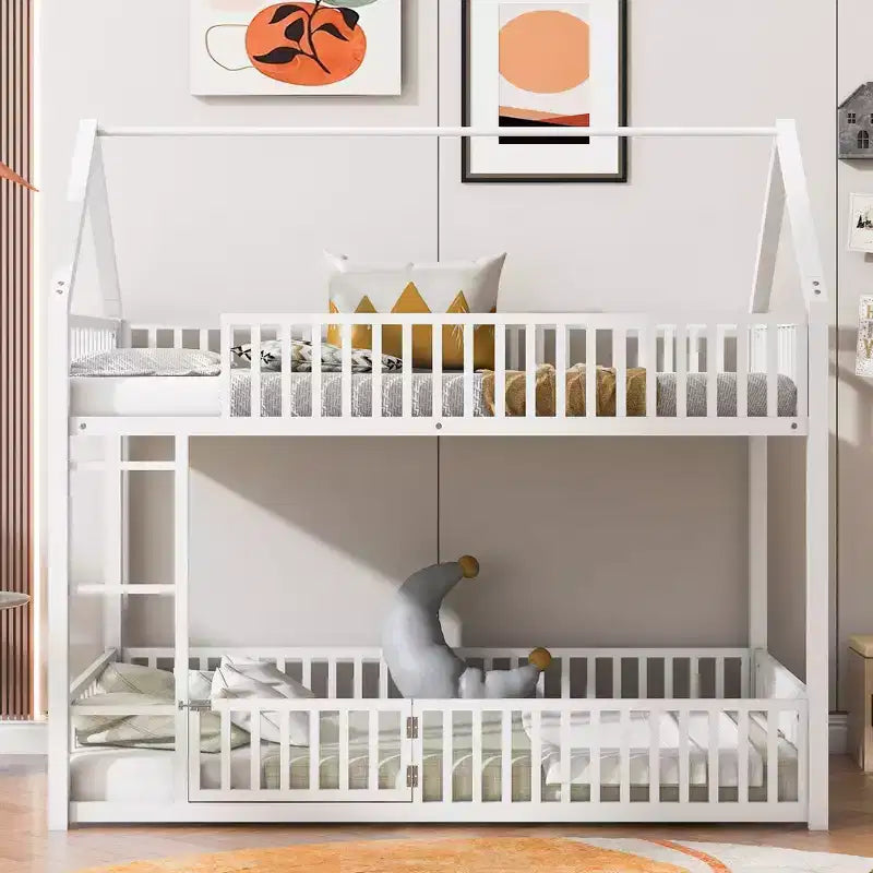 Metal Twin House Bunk Bed for Kids, Twin over Twin Floor Bunk Bed with Fence, Door & Guardrails