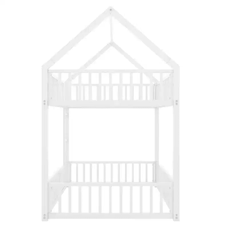 Metal Twin House Bunk Bed for Kids, Twin over Twin Floor Bunk Bed with Fence, Door & Guardrails