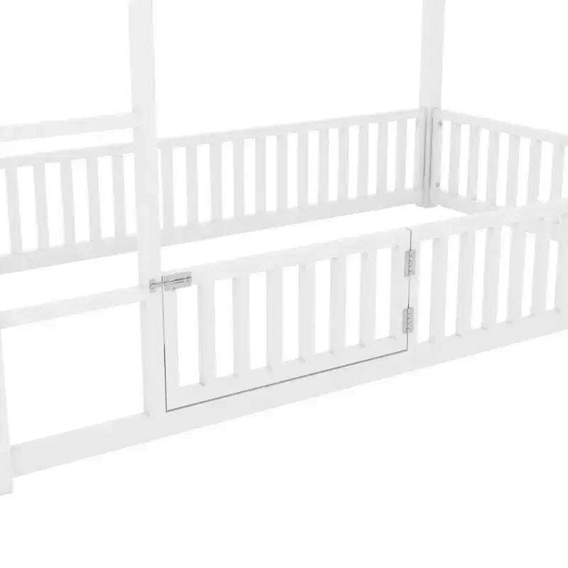 Metal Twin House Bunk Bed for Kids, Twin over Twin Floor Bunk Bed with Fence, Door & Guardrails