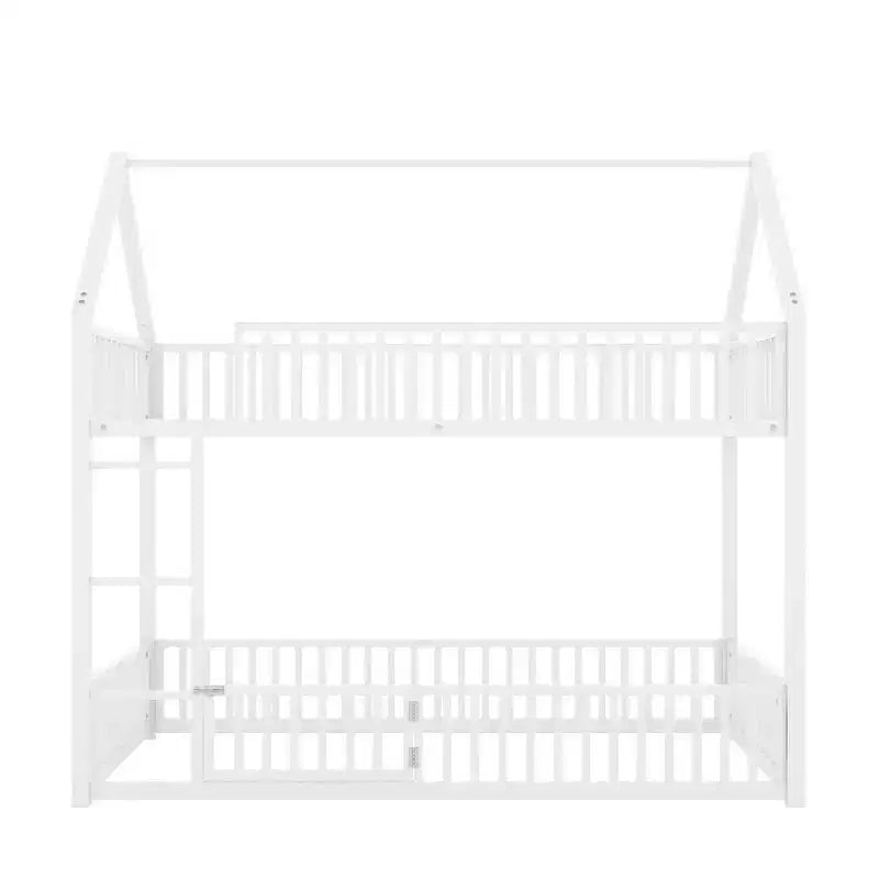 Metal Twin House Bunk Bed for Kids, Twin over Twin Floor Bunk Bed with Fence, Door & Guardrails