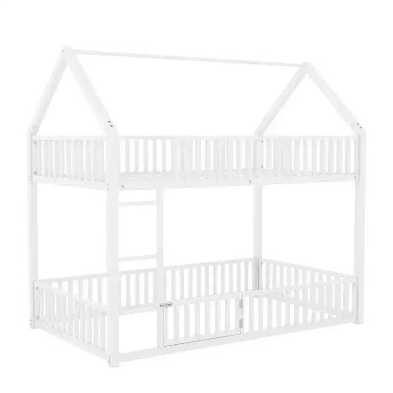 Metal Twin House Bunk Bed for Kids, Twin over Twin Floor Bunk Bed with Fence, Door & Guardrails