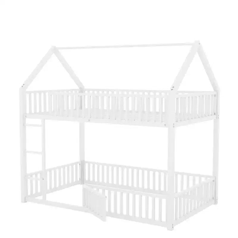 Metal Twin House Bunk Bed for Kids, Twin over Twin Floor Bunk Bed with Fence, Door & Guardrails