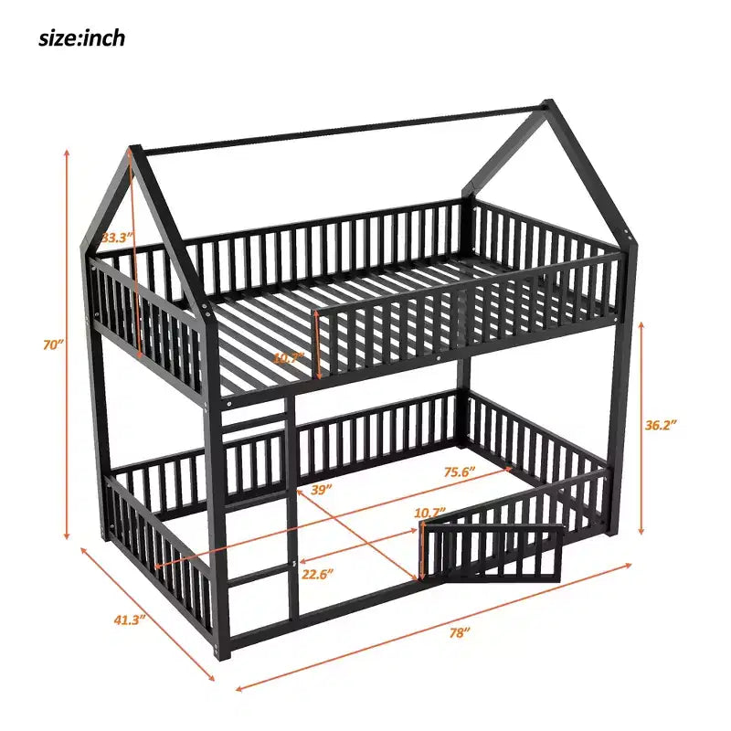 Metal Twin House Bunk Bed for Kids, Twin over Twin Floor Bunk Bed with Fence, Door & Guardrails