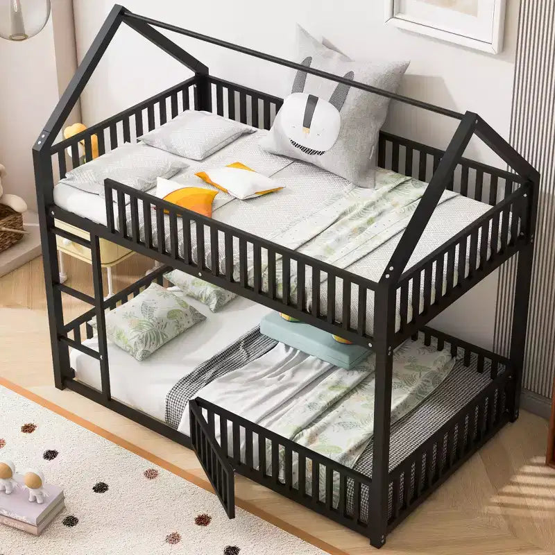 Metal Twin House Bunk Bed for Kids, Twin over Twin Floor Bunk Bed with Fence, Door & Guardrails