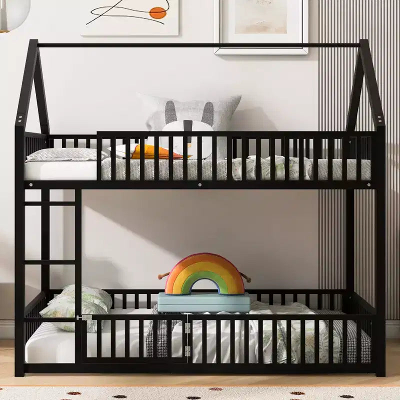 Metal Twin House Bunk Bed for Kids, Twin over Twin Floor Bunk Bed with Fence, Door & Guardrails