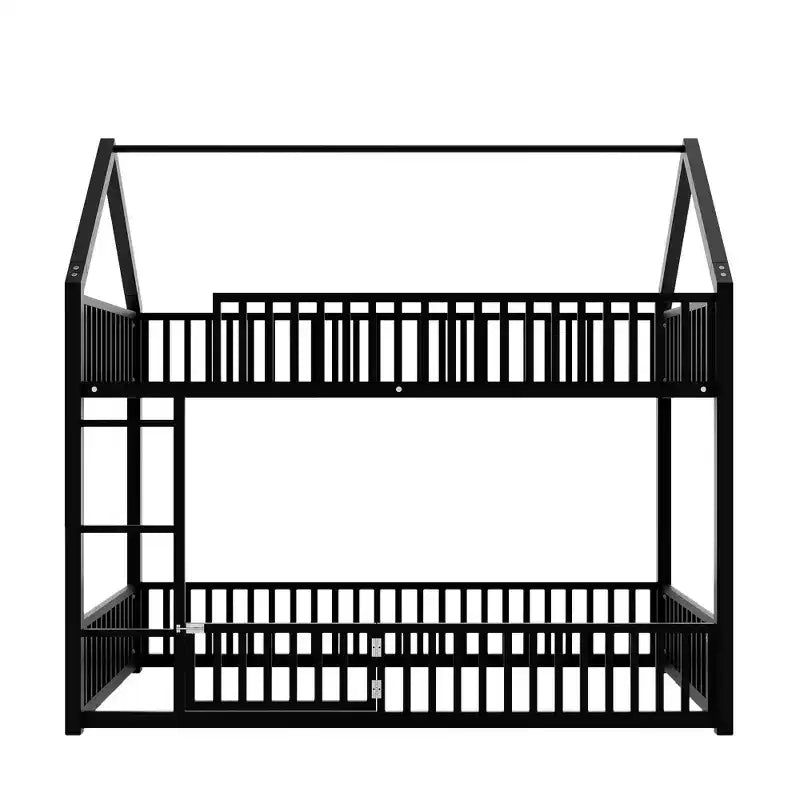 Metal Twin House Bunk Bed for Kids, Twin over Twin Floor Bunk Bed with Fence, Door & Guardrails