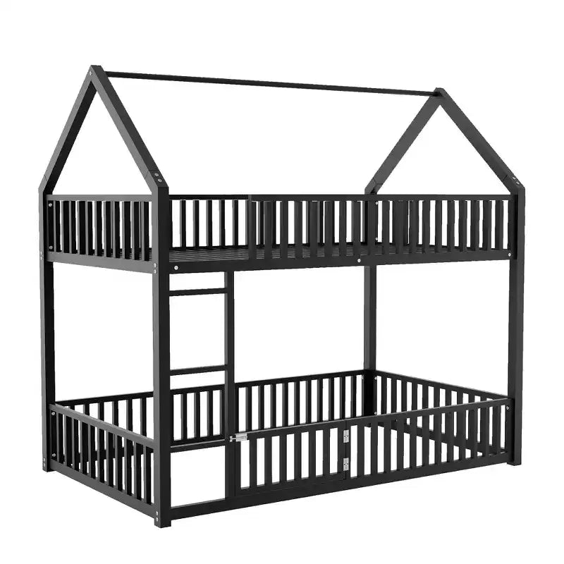Metal Twin House Bunk Bed for Kids, Twin over Twin Floor Bunk Bed with Fence, Door & Guardrails