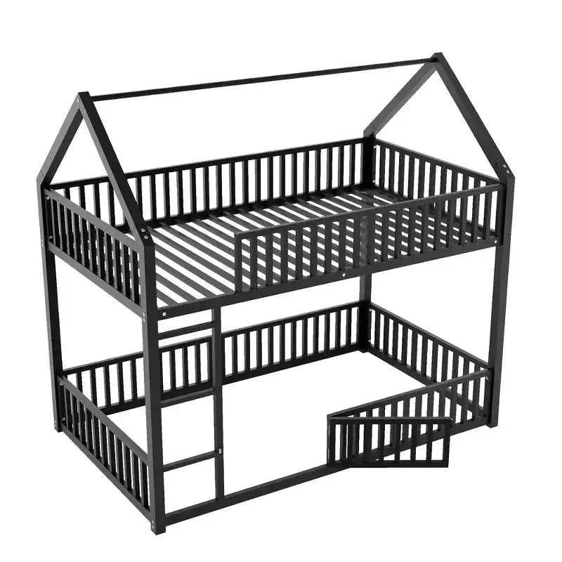 Metal Twin House Bunk Bed for Kids, Twin over Twin Floor Bunk Bed with Fence, Door & Guardrails