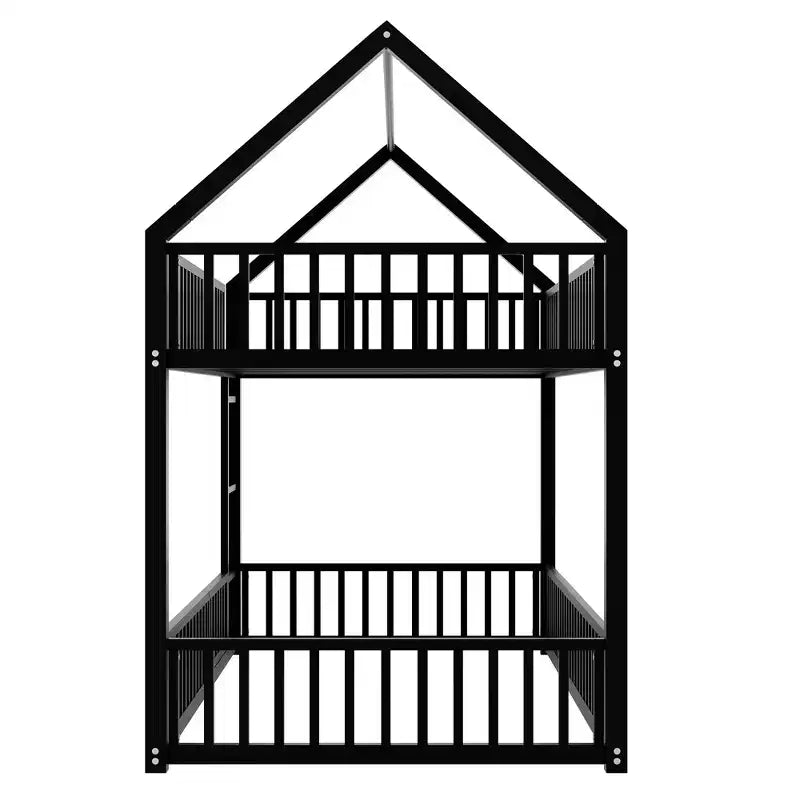 Metal Twin House Bunk Bed for Kids, Twin over Twin Floor Bunk Bed with Fence, Door & Guardrails