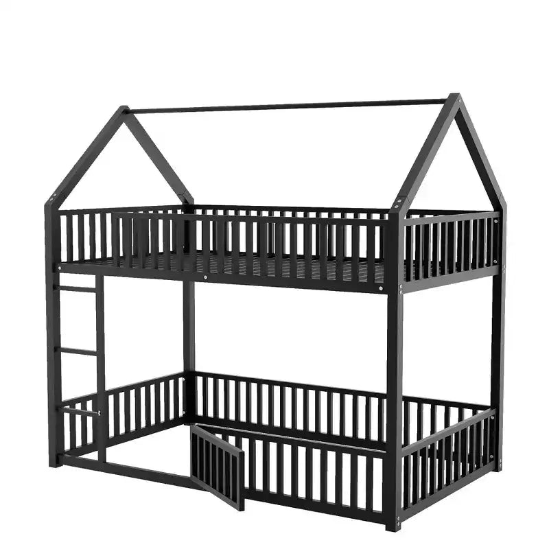 Metal Twin House Bunk Bed for Kids, Twin over Twin Floor Bunk Bed with Fence, Door & Guardrails