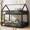 Metal Twin House Bunk Bed for Kids, Twin over Twin Floor Bunk Bed with Fence, Door & Guardrails