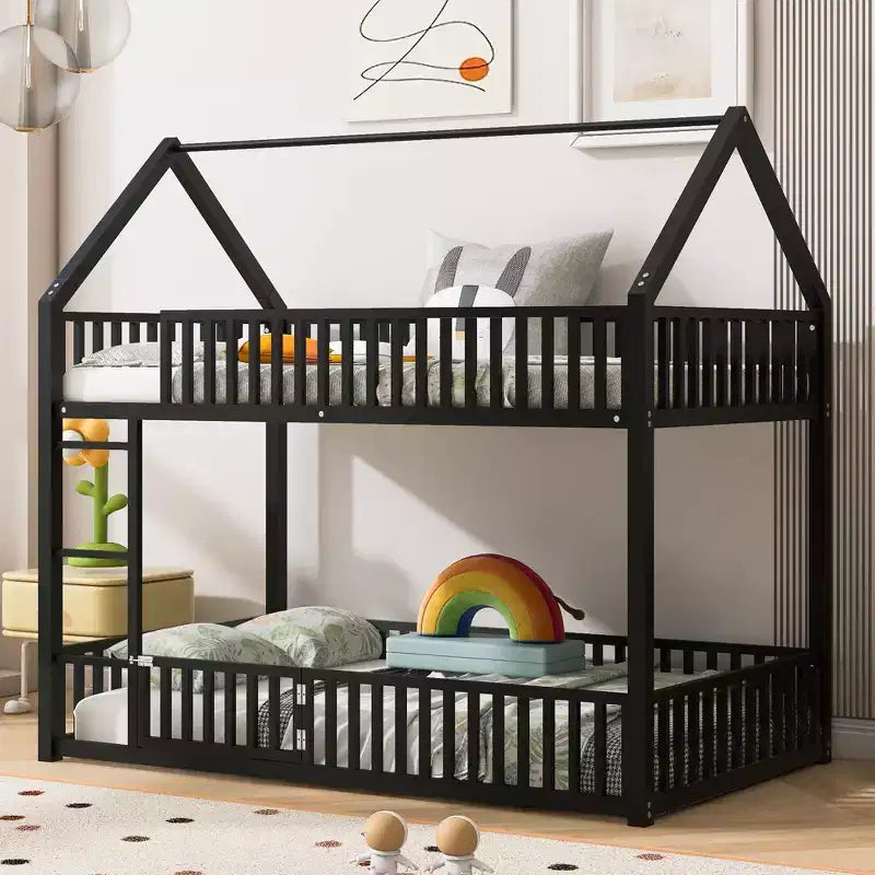 Metal Twin House Bunk Bed for Kids, Twin over Twin Floor Bunk Bed with Fence, Door & Guardrails
