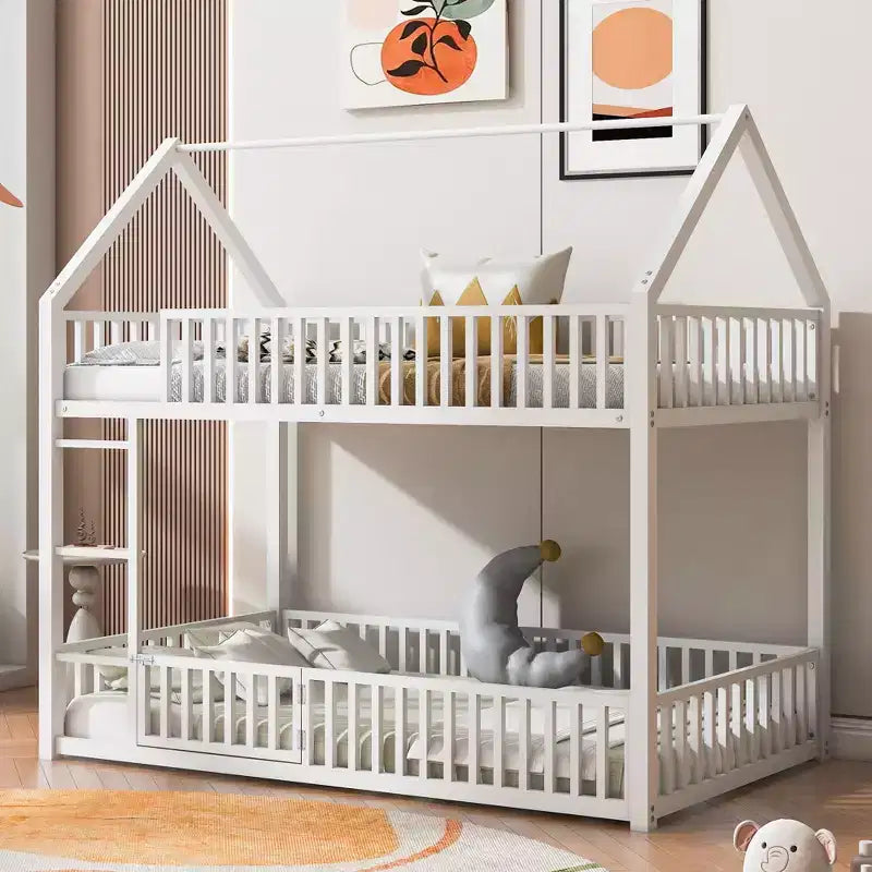 Metal Twin House Bunk Bed for Kids, Twin over Twin Floor Bunk Bed with Fence, Door & Guardrails