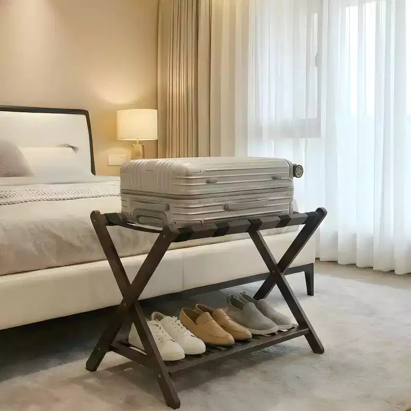 Folding Bamboo Luggage Rack with 2-Tier Shelf  Premium Suitcase Stand Holds Up to 150 Lb for Bedrooms & Hotels