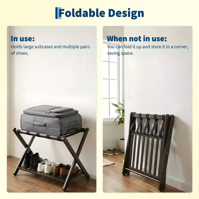 Folding Bamboo Luggage Rack with 2-Tier Shelf  Premium Suitcase Stand Holds Up to 150 Lb for Bedrooms & Hotels