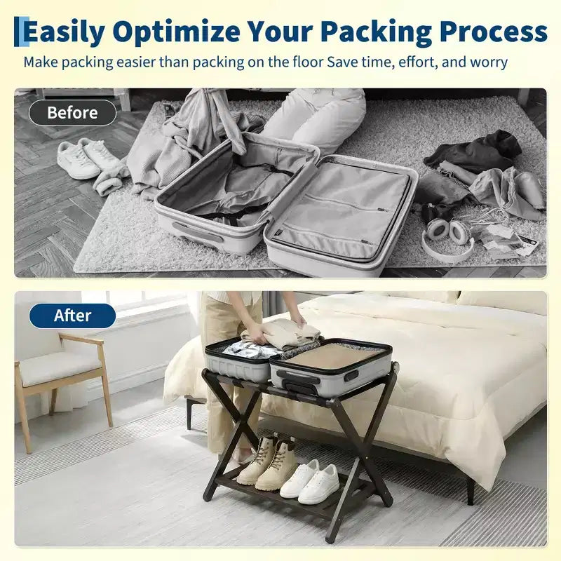 Folding Bamboo Luggage Rack with 2-Tier Shelf  Premium Suitcase Stand Holds Up to 150 Lb for Bedrooms & Hotels