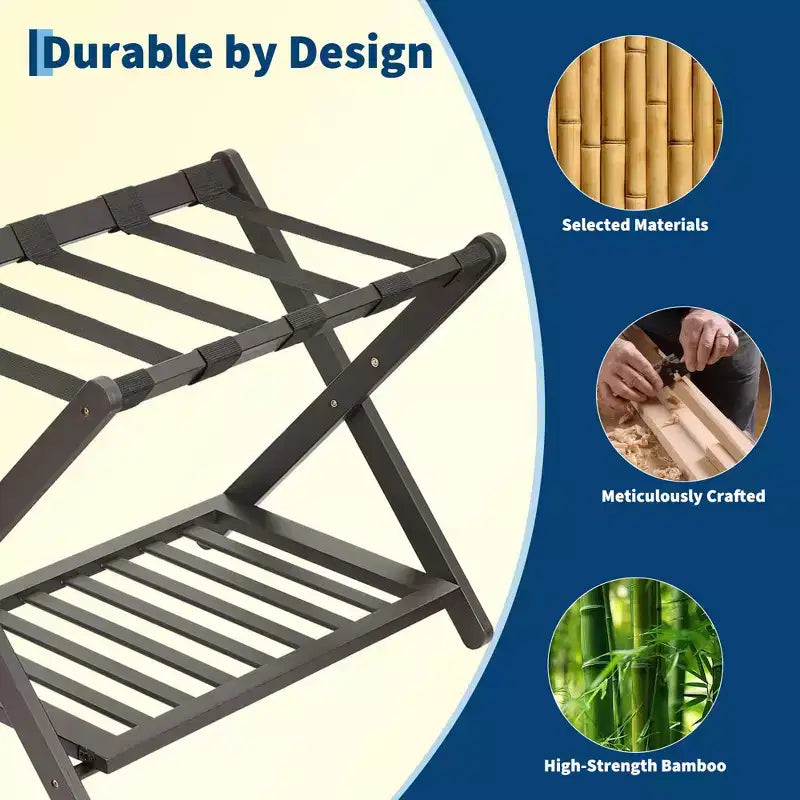 Folding Bamboo Luggage Rack with 2-Tier Shelf  Premium Suitcase Stand Holds Up to 150 Lb for Bedrooms & Hotels